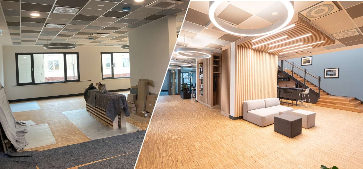 Gegenüberstellung von leerstehenden Flächen und fertig saniertem und eingerichteten Unternehmen